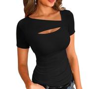Womens Front Cut Out Short Sleeve Tops Tight Fitting Shirt Casual Trendy Tees Tshirt Summers Clothes