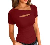 Womens Front Cut Out Short Sleeve Tops Tight Fitting Shirt Casual Trendy Tees Tshirt Summers Clothes