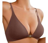 Women's Front Fastening Bras Seamless Low Cut V Neck Padded Bralette Sexy Wireless Push Up Everyday Bra Plain Soft Comfy Non Wired Dress Bras Ladies Adjustable Shoulder Strap Breathable (01-Coffee, M)
