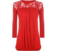 Womens Front Floral Lace Round Neck Pleated Shirt 3/4 Sleeve Ruched Top Ladies Party Wear Plus Size Tee Top Red UK 26-28