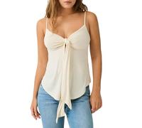 Women's Front Split Cami Tops Sleeveless Y2K Spaghetti Strap Tie Knot V Neck Twist Front Ruched Cami Top Streetwear (Creamy White, S)
