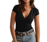 Womens Front Wrap Side Ruched Shirring Tops, Slim Fit Deep V-Neck Short Sleeve Tops Tee