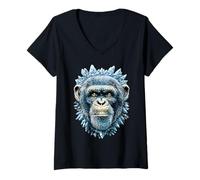 Women's Frost Chimpanzee with Ice Fantasy Animal Snowy Chimp Winter V-Neck T-Shirt