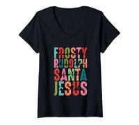 Womens Frosty Rudolph Santa Jesus Believe V-Neck T-Shirt