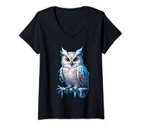 Womens Frozen Owl on Ice-Covered Branch in Winter V-Neck T-Shirt