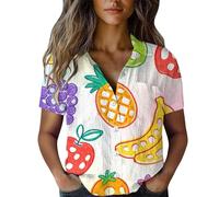 Womens Fruit Print Button Down Shirts Short Sleeve V Neck Collared Blouses Casual Bright Summer Tops Ladies Holiday Tees