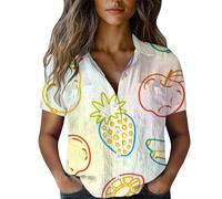 Womens Fruit Print Button Down Shirts Short Sleeve V Neck Collared Blouses Casual Bright Summer Tops Ladies Holiday Tees