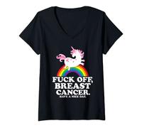 Womens Fuck Off Breast Cancer Funny Quote with Unicorn and Rainbow V-Neck T-Shirt