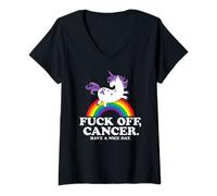 Womens Fuck Off Cancer Have Nice Day Fighting Quote Unicorn Rainbow V-Neck T-Shirt