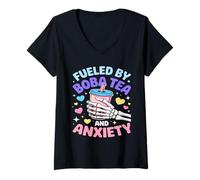 Womens Fueled By Boba Tea And Anxiety Skeleton Humor V-Neck T-Shirt