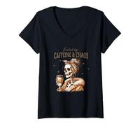 Women's Fueled By Caffeine and Chaos Skeleton Funny Coffee V-Neck T-Shirt