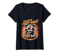 Womens Fueled By Caffeine Rage Feral Raccoon Meme Love Coffee V-Neck T-Shirt