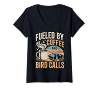 Women's Fueled By Coffee and Bird Calls Birdwatcher Binoculars V-Neck T-Shirt