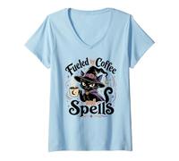 Women's Fueled by Coffee and Spells Black Cat Witch V-Neck T-Shirt