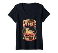 Women's Fueled By Fire Born Under Aries Zodiac Sign V-Neck T-Shirt