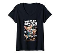 Womens Fueled by Iced Coffee and Chaos Chihuahua Funny Dog Design V-Neck T-Shirt