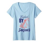 Women's Fueled By Sardines Funny Penguin V-Neck T-Shirt