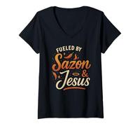 Womens Fueled by Sazón & Jesus Latina Christian with Faith & Flavor V-Neck T-Shirt