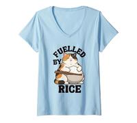 Women's Fuelled by Rice - Funny Hungry Cat V-Neck T-Shirt