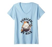 Women's Fuelled by Rice - Funny Hungry Cat V-Neck T-Shirt