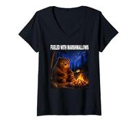 Women's Fuelled with Marshmallows Camping Bear Campfire Marshmallow V-Neck T-Shirt