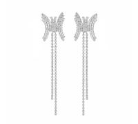 Women's Full Copper Butterfly Rhinestone Dangle Earrings, 3.62 Inch Sparkling Tassel Statement Bow Earrings for Party Wedding Evening Events Gift (LDE015S-W