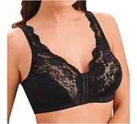 Women's Full Figure Front Closure Wirefree Jacquard Back Support Posture Bra Front Fastening Bras for Women UK Non Wired Post Surgery Soft Lace Lycra Bra Clearance Plus Size S-5XL Black