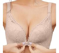 Women's Full Figure Front Fastening Non-Wired Stretch Push Up Cup Post Surgery Bra Front Closure Bralette Plus Size Elegant Sports Wirefree Cotton Underwear for The Elderly Beige