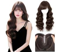 Women's Full Head Wear Wig with 15x16cm Mono Base No Hair Net Needed Clip in Topper Natural Hairline Long 55cm Synthetic Hair (Curly Wavy Wispy Bangs Brown)