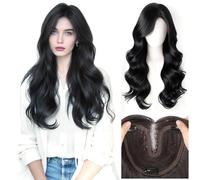 Women's Full Head Wear Wig with 15x16cm Mono Base No Hair Net Needed Clip in Topper Natural Hairline Long 55cm Synthetic Hair (Big Wavy Middle Part Fringe Black)