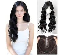 Women's Full Head Wear Wig with 15x16cm Mono Base No Hair Net Needed Clip in Topper Natural Hairline Long 55cm Synthetic Hair (Curly Wavy Middle Part Fringe Black)