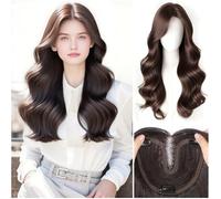 Women's Full Head Wear Wig with 15x16cm Mono Base No Hair Net Needed Clip in Topper Natural Hairline Long 55cm Synthetic Hair (Big Wavy Middle Part Fringe Brown)