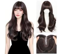 Women's Full Head Wear Wig with 15x16cm Mono Base No Hair Net Needed Clip in Topper Natural Hairline Long 55cm Synthetic Hair (Big Wavy Wispy Bangs Brown)