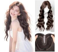 Women's Full Head Wear Wig with 15x16cm Mono Base No Hair Net Needed Clip in Topper Natural Hairline Long 55cm Synthetic Hair (Curly Wavy Middle Part Fringe Brown)