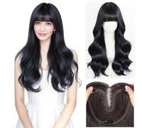 Women's Full Head Wear Wig with 15x16cm Mono Base No Hair Net Needed Clip in Topper Natural Hairline Long 55cm Synthetic Hair (Big Wavy Wispy Bangs Black)