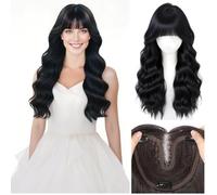 Women's Full Head Wear Wig with 15x16cm Mono Base No Hair Net Needed Clip in Topper Natural Hairline Long 55cm Synthetic Hair (Curly Wavy Wispy Bangs Black)