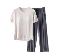 Women's Full-Length Pajama Set, Soft Cotton Long Pants & Short Sleeve Top with Lightweight Chest Padding, Cozy Nightwear for All-Season Home Comfort Beige