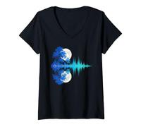 Women's Full Moon Forest Sound Wave Reflection Art Guitar V-Neck T-Shirt