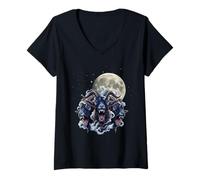 Womens Full Moon Three Headed Goat Occult Cosmic Horror V-Neck T-Shirt
