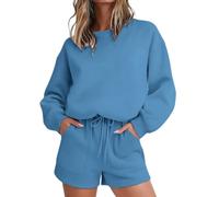 Womens Full Set Shorts 2 Piece Outfits Set Blue Pullover Sweatshirts and Shorts Joggers Loose Fit Activewear Sweat Pants Casual Sports Sweatsuit for Outside Streetwear Size M