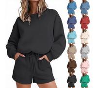 Womens Full Set Shorts 2 Piece Outfits Set Pullover Sweatshirts and Shorts Joggers Loose Fit Activewear Sweat Pants Casual Sports Sweatsuit for Casual Daily Loungewear Autumn Winter Size XL