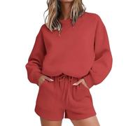 Womens Full Set Shorts 2 Piece Outfits Set Wine Pullover Sweatshirts and Shorts Joggers Loose Fit Activewear Sweat Pants Casual Sports Sweatsuit for Walking Yoga Daily Wear Size L