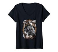 Womens Full Steam Ahead Vintage Train Enthusiast V-Neck T-Shirt