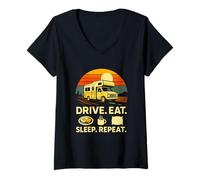 Womens Full Time RVer Drive Eat Sleep Repeat Motorhome RV Camper V-Neck T-Shirt