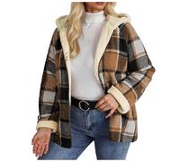 Women's Full Zip Fleece Flannel Jacket Plaid Sherpa Lined Jacket for Women Oversized Jackets Zipper Coat Winter Zipper Hooded Plaid Cropped Shacket with Side Pockets Warm Winter Coats with Hood