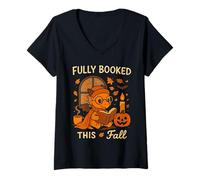Womens Fully Booked This Fall Dragon Reading Book Bookworm Autumn V-Neck T-Shirt