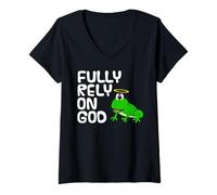 Women's Fully Rely On God, Frog Christian Church Pastor Funny V-Neck T-Shirt