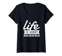 Womens Fun Bookworm Life is Short Read Oscar Wilde Literature Humor V-Neck T-Shirt