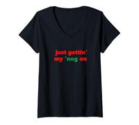 Women's Fun Christmas Just Getting My 'Nog On Eggnog Drinking Design V-Neck T-Shirt
