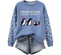 Women's Fun Christmas Walking by Faith Tripping Constantly Printed Sweatshirt Funny Xmas Top Walking by Faith Tripping Constantly Shirt Merry Christmas Sweatshirt Blue